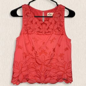 Hollister Tank Top Small Coral Red Floral Embroidered Y2K Indie Boho Festival